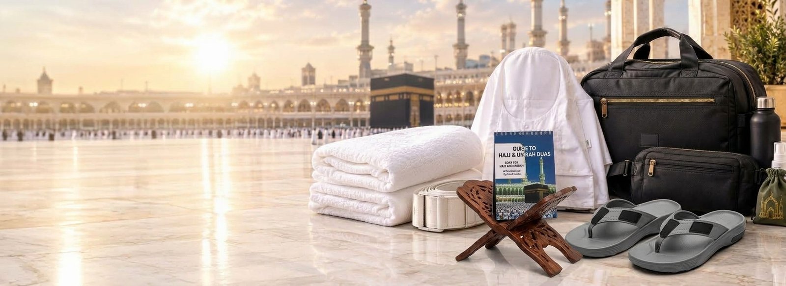 NoorMart Collections Umrah essentials including Ihram, Umrah bags, Ihram belts, slippers and Tasbih